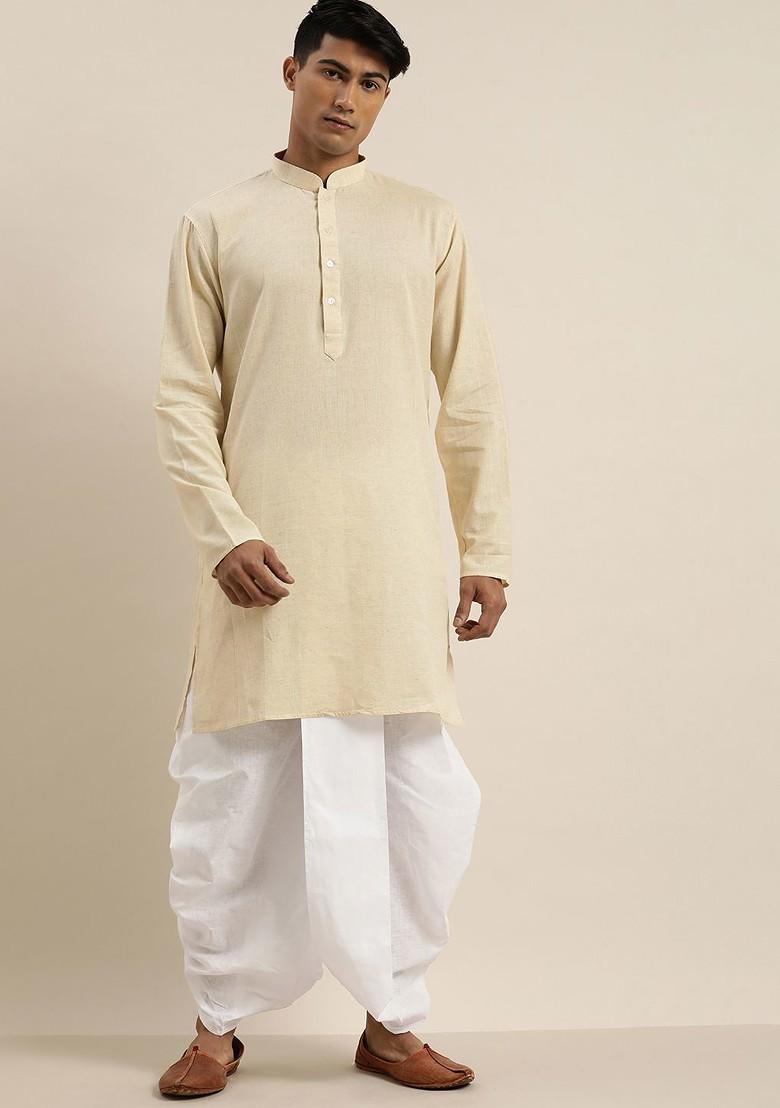 Beige Solid Cotton Kurta Set For Men