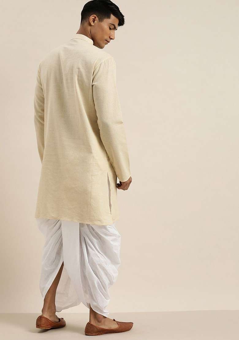 Beige Solid Cotton Kurta Set For Men - Indya