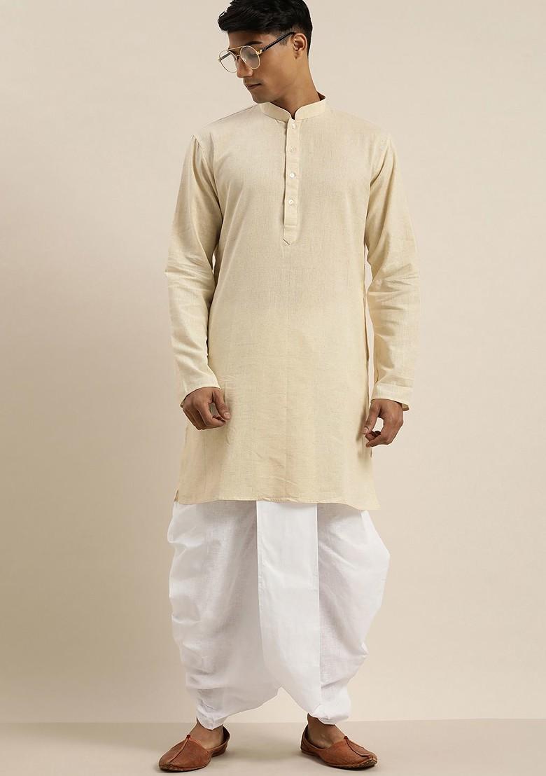 Beige Solid Cotton Kurta Set For Men