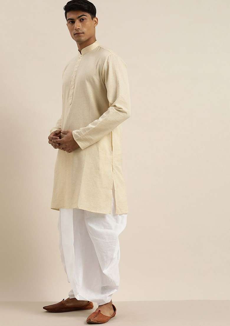 Beige Solid Cotton Kurta Set For Men - Indya