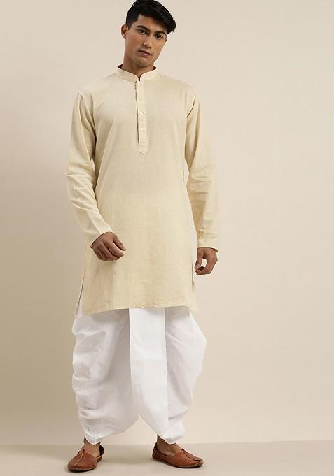 Beige Solid Cotton Kurta Set For Men — view on Indya