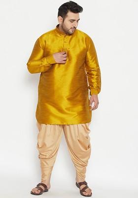 Mustard Solid Poly Blend Kurta Set For Men