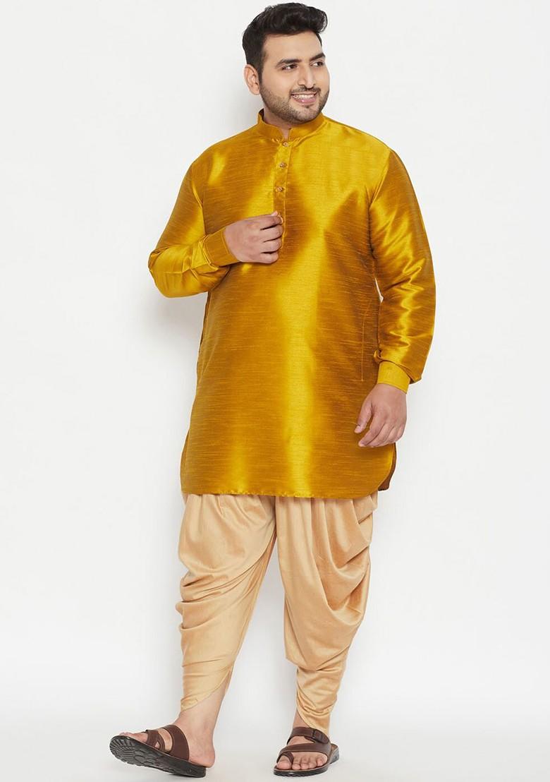 Mustard Solid Poly Blend Kurta Set For Men