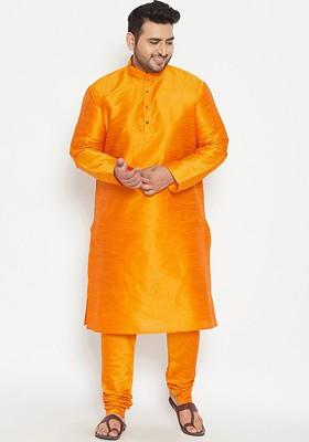 Orange Solid Poly Blend Kurta Set For Men