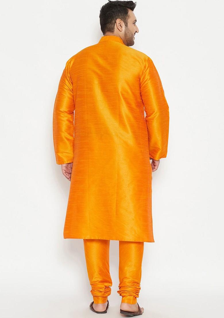 Orange Solid Poly Blend Kurta Set For Men