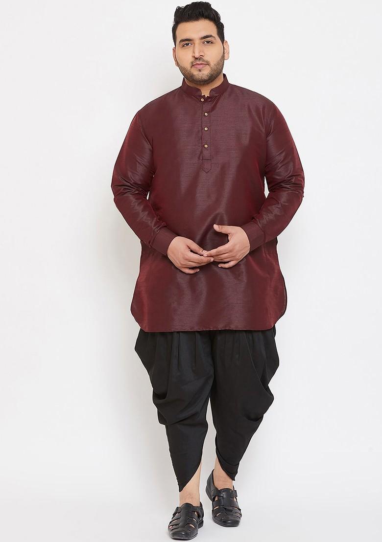 Burgundy Solid Poly Blend Kurta Set For Men