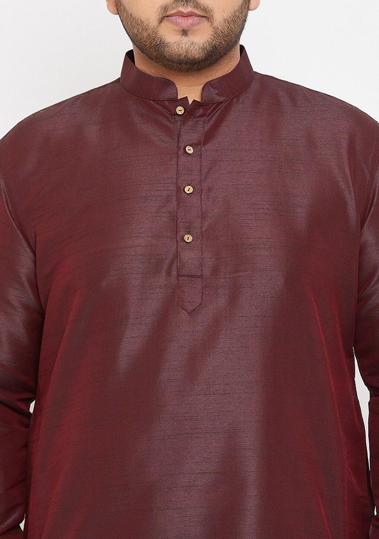 Burgundy Solid Poly Blend Kurta Set For Men