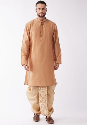 Rose Gold Embroidered Poly Blend Kurta Set For Men