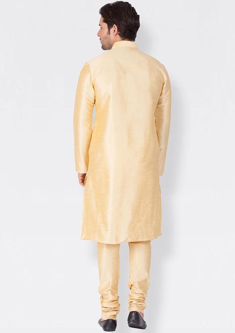 Gold Solid Poly Blend Kurta Set For Men