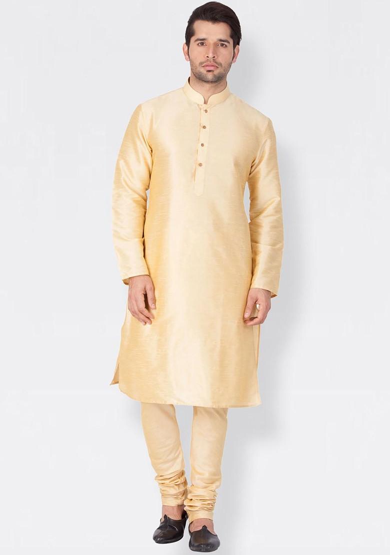 Gold Solid Poly Blend Kurta Set For Men