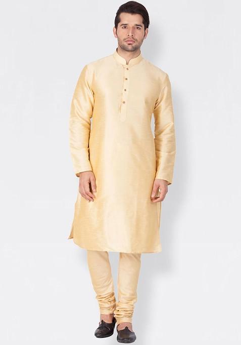 Gold Solid Poly Blend Kurta Set For Men