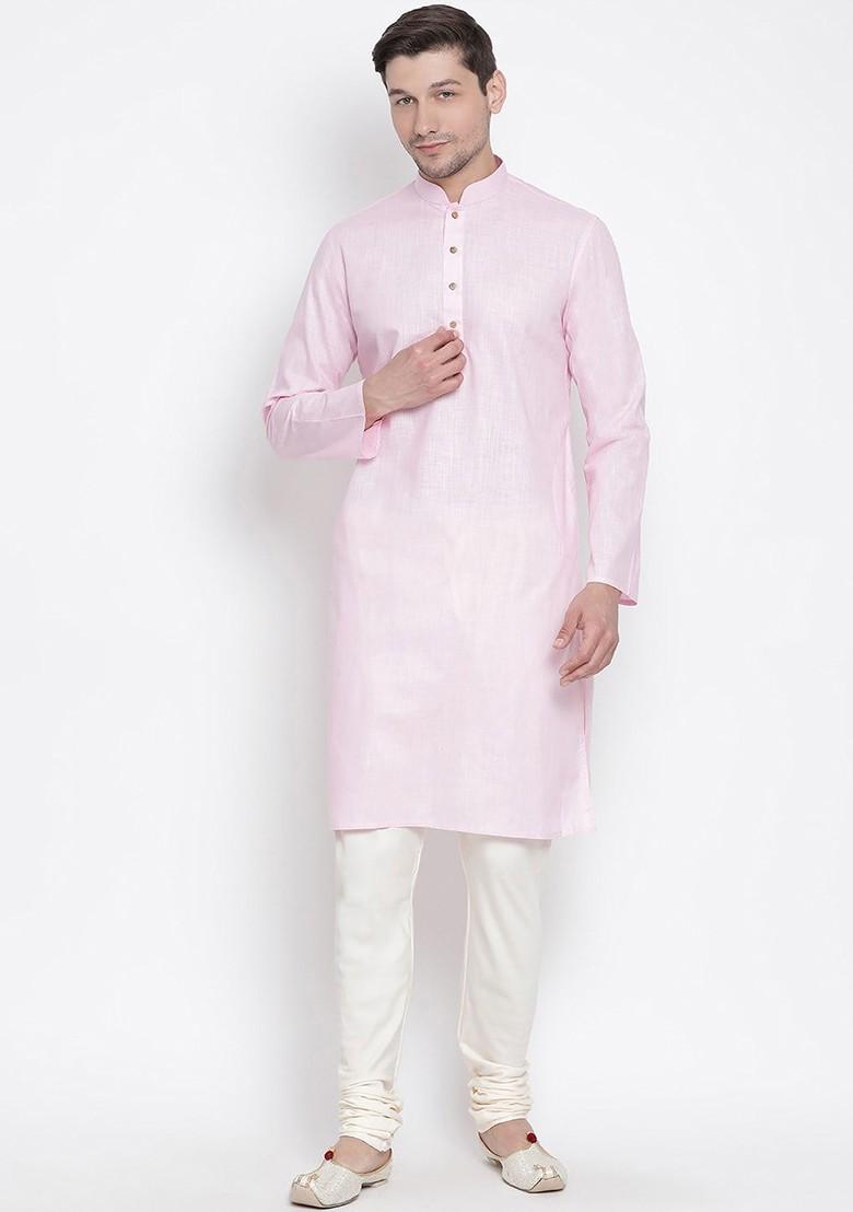 Pink Solid Poly Blend Kurta Set For Men