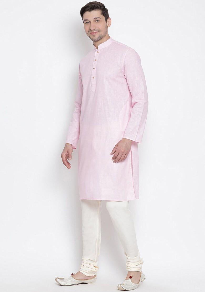 Pink Solid Poly Blend Kurta Set For Men