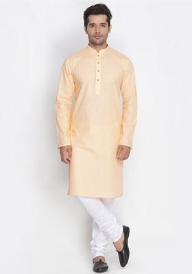 Peach Solid Cotton Kurta Set For Men