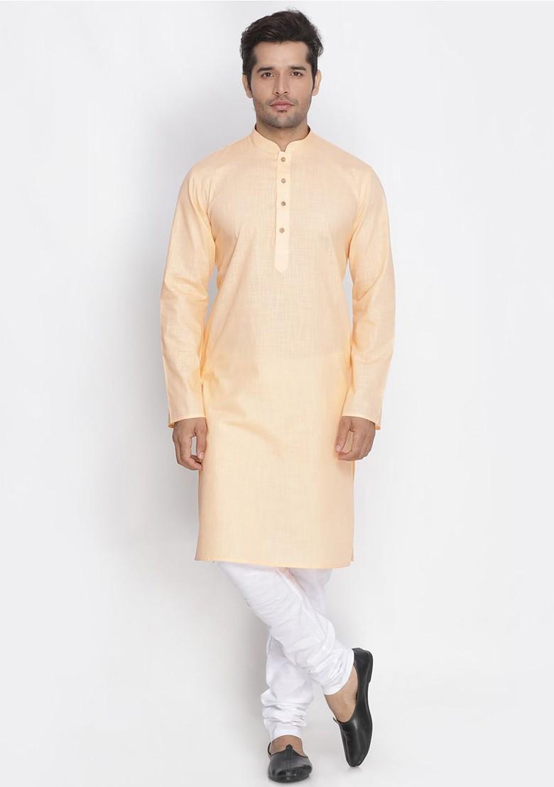 Peach Solid Cotton Kurta Set For Men