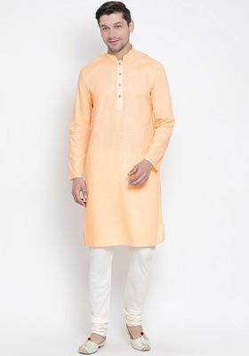 Peach Solid Poly Blend Kurta Set For Men