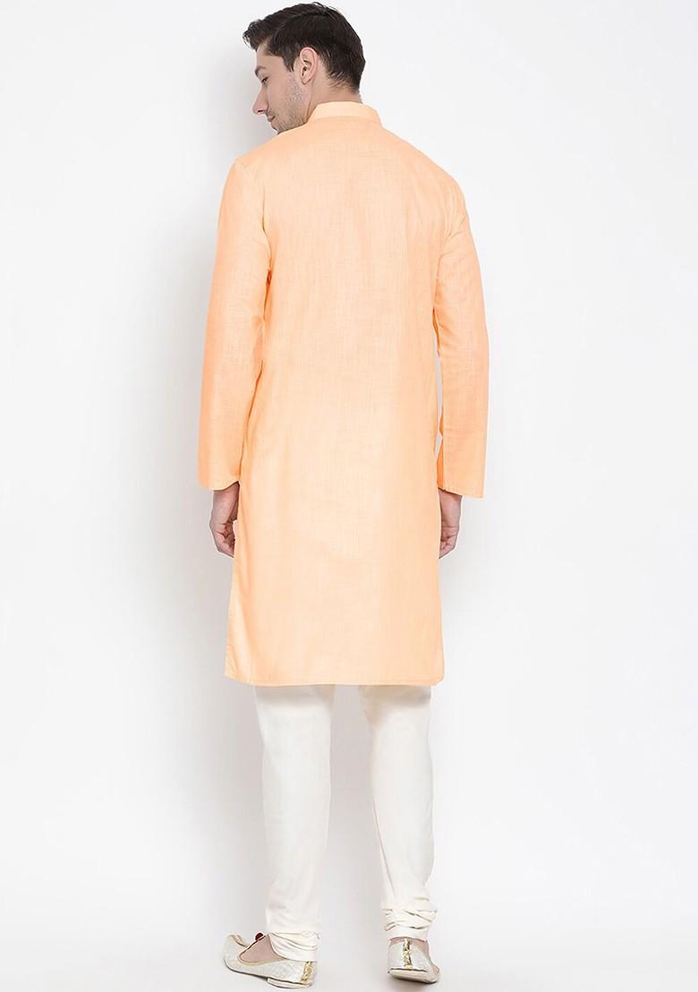 Peach Solid Poly Blend Kurta Set For Men