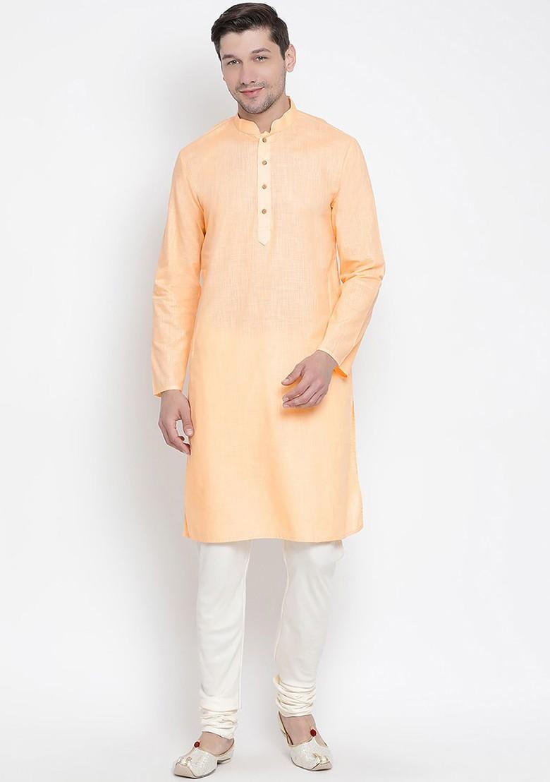 Peach Solid Poly Blend Kurta Set For Men