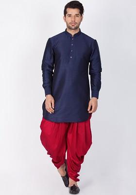 Navy Blue Solid Pathani Kurta Set For Men