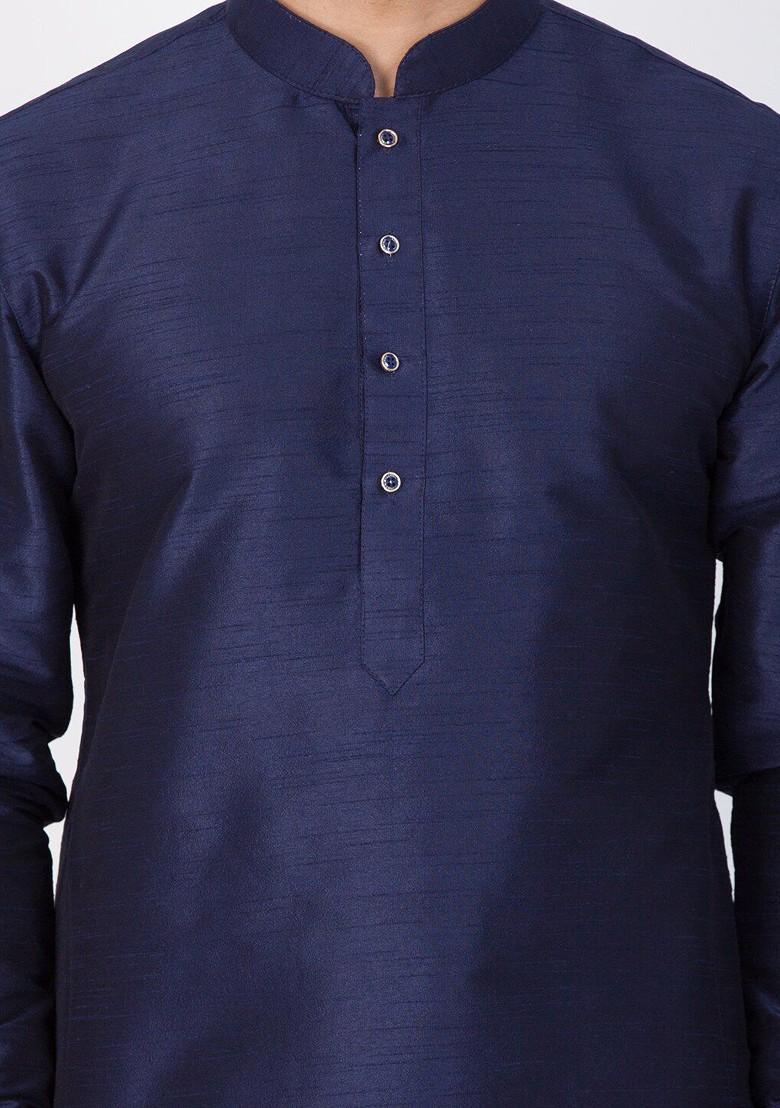 Navy Blue Solid Pathani Kurta Set For Men