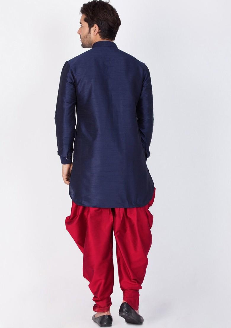 Navy Blue Solid Pathani Kurta Set For Men