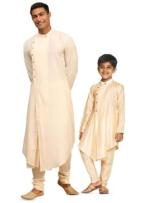 Beige Solid Poly Blend Kurta Set For Men