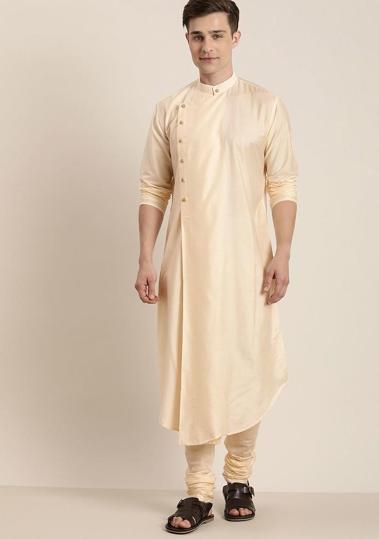 Beige Solid Poly Blend Kurta Set For Men