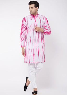 Pink Tie And Dye Cotton Kurta Set For Men