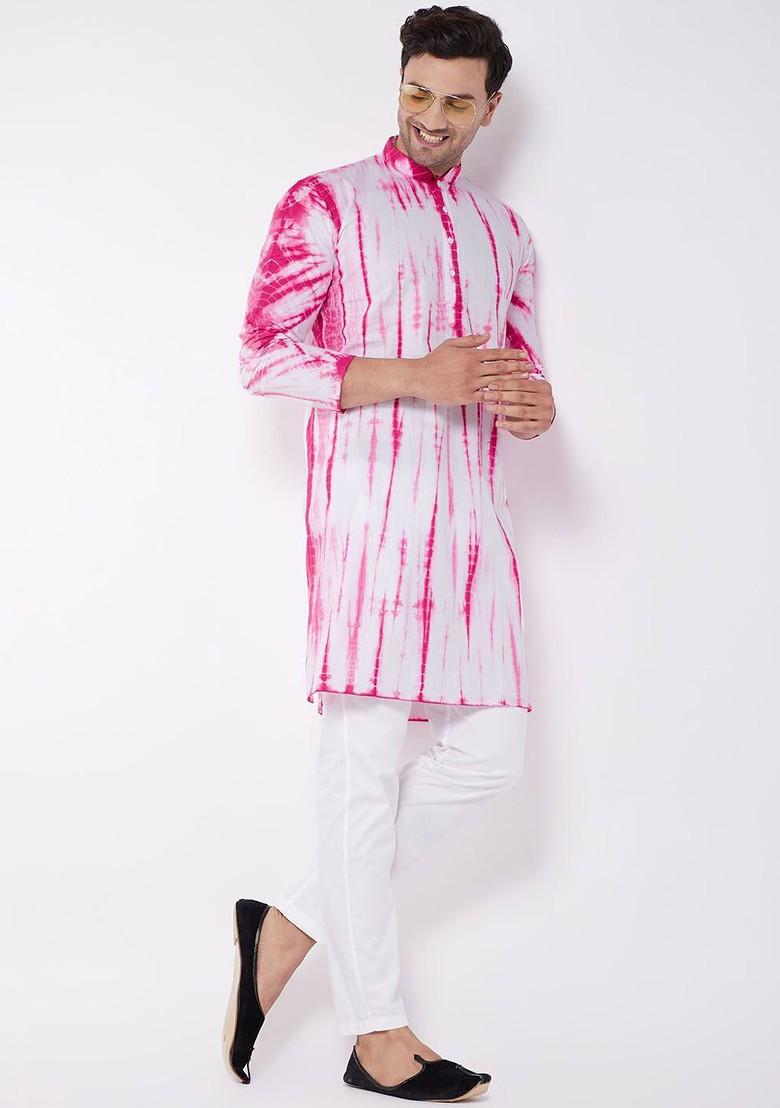 Pink Tie And Dye Cotton Kurta Set For Men