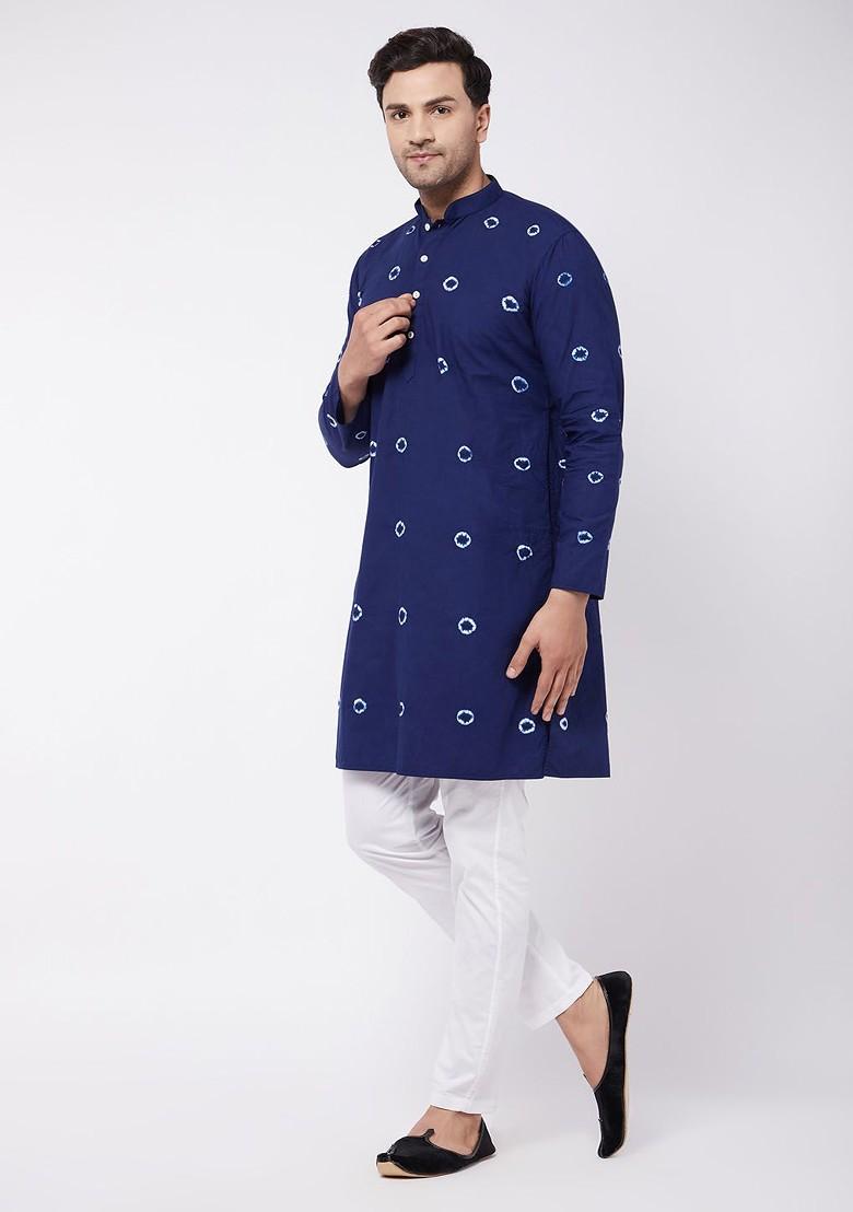 Blue Bandhani Print Cotton Kurta Set For Men
