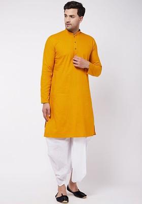 Mustard Solid Poly Blend Kurta Set For Men
