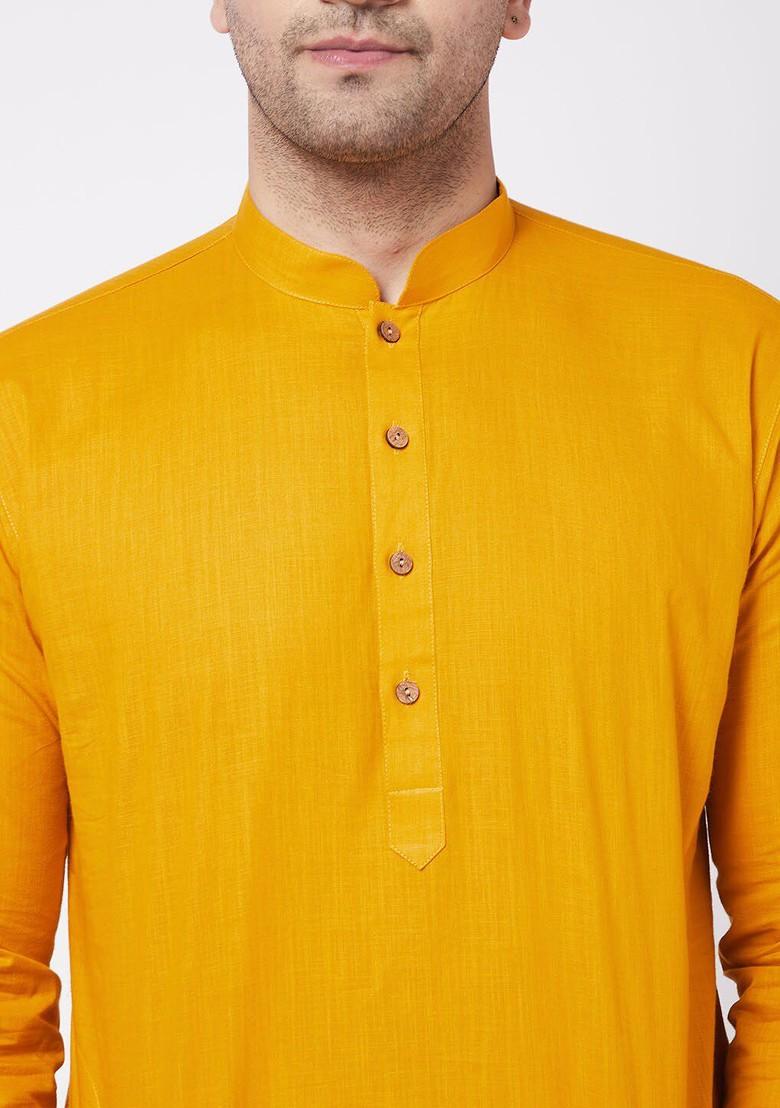 Mustard Solid Poly Blend Kurta Set For Men