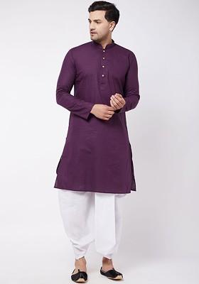 Purple Solid Poly Blend Kurta Set For Men