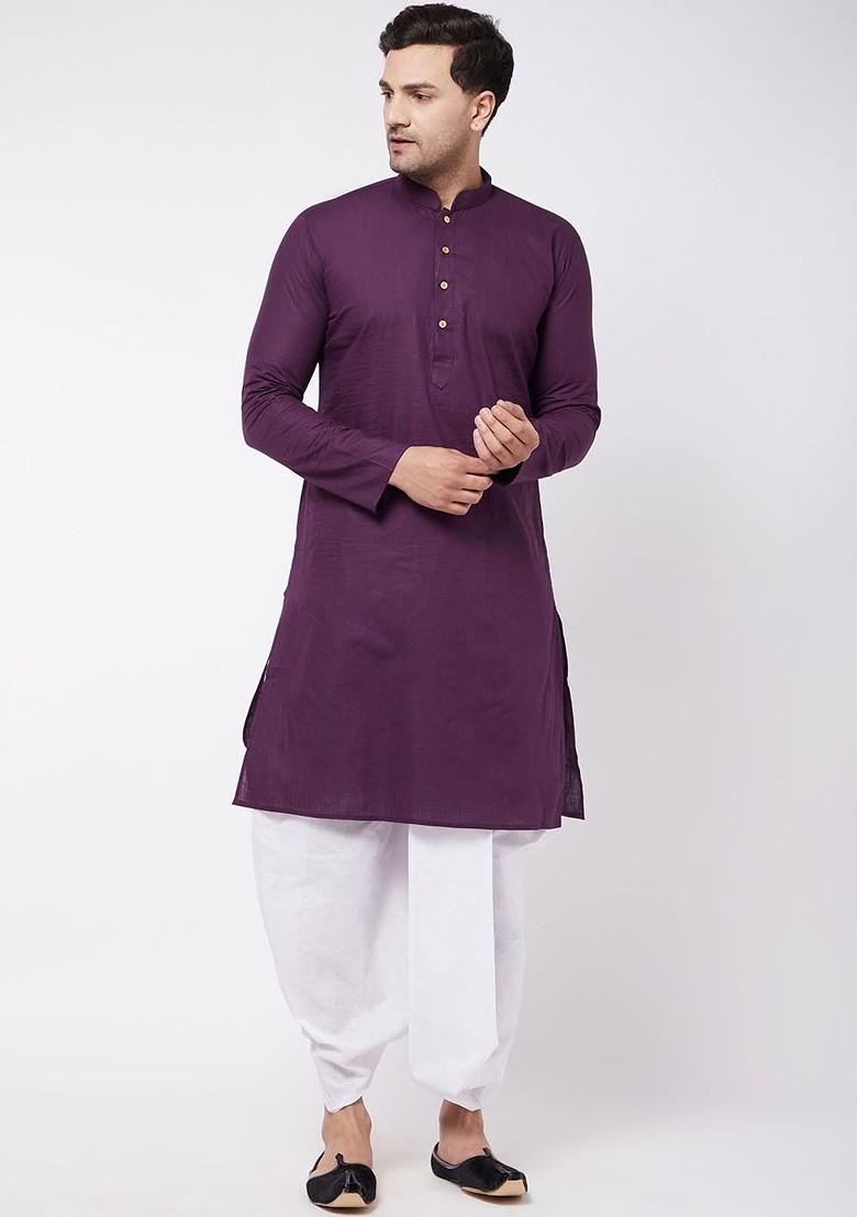 Purple Solid Poly Blend Kurta Set For Men