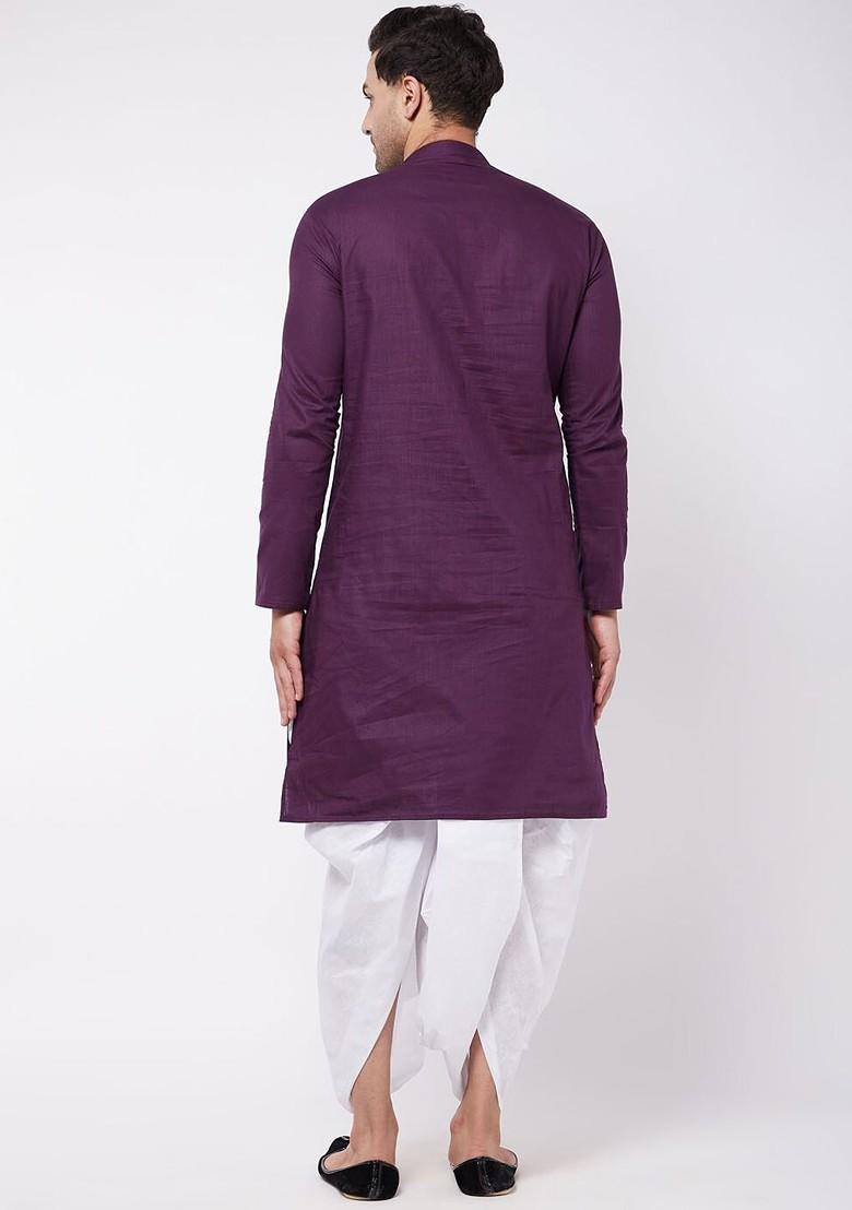 Purple Solid Poly Blend Kurta Set For Men
