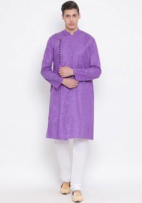 Purple Solid Poly Blend Kurta Set For Men