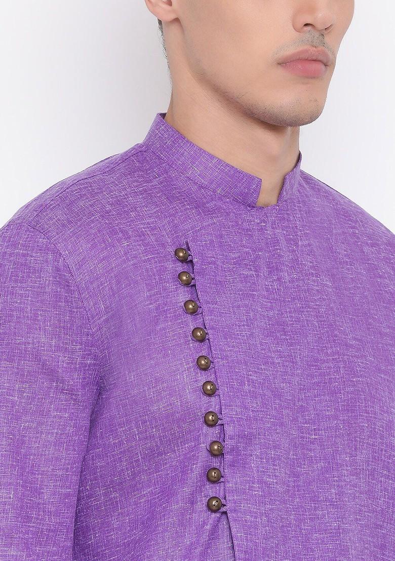 Purple Solid Poly Blend Kurta Set For Men