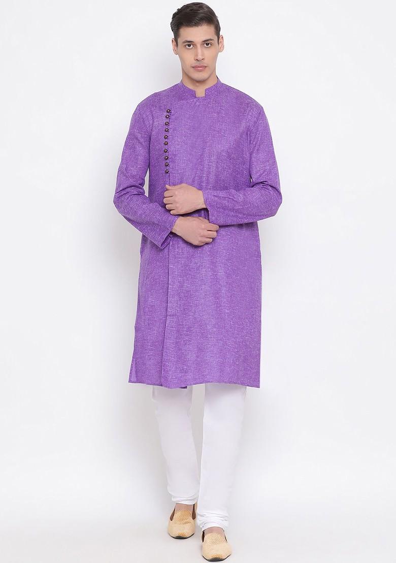 Purple Solid Poly Blend Kurta Set For Men