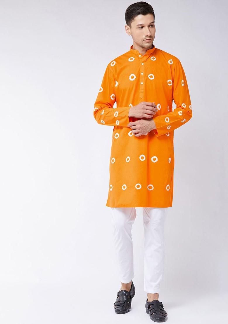 Orange Bandhani Print Poly Blend Kurta Set For Men