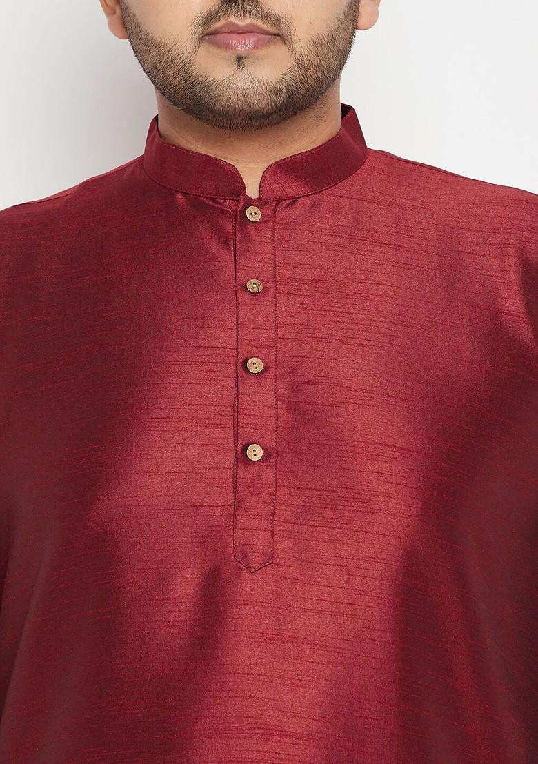 Maroon Solid Poly Blend Kurta Set For Men