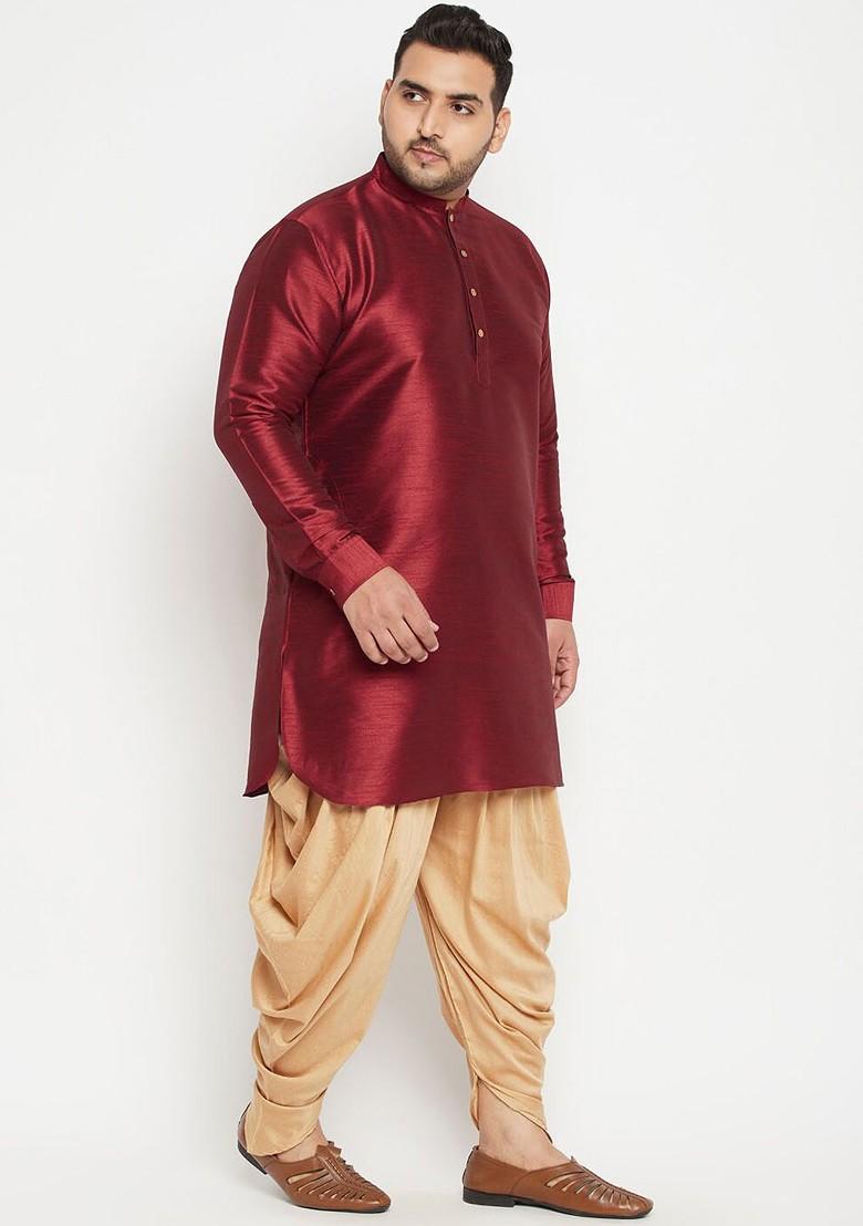 Maroon Solid Poly Blend Kurta Set For Men