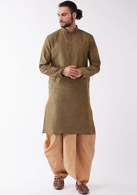 Olive Thread Work Jacquard Kurta Set For Men