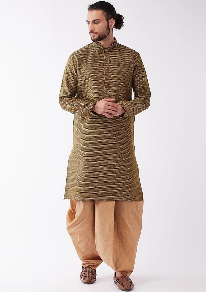 Olive Thread Work Jacquard Kurta Set For Men