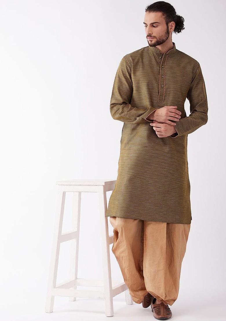 Olive Thread Work Jacquard Kurta Set For Men