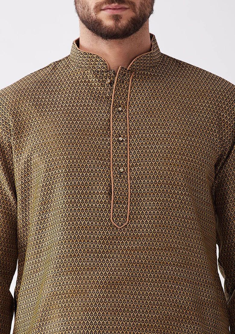 Olive Thread Work Jacquard Kurta Set For Men