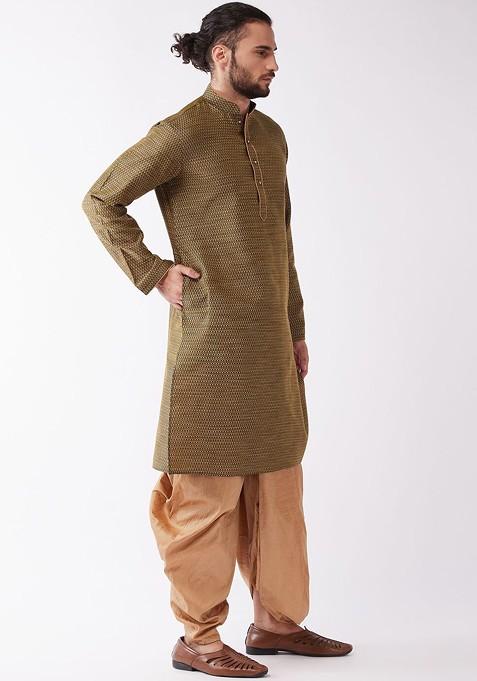 Olive Thread Work Jacquard Kurta Set For Men