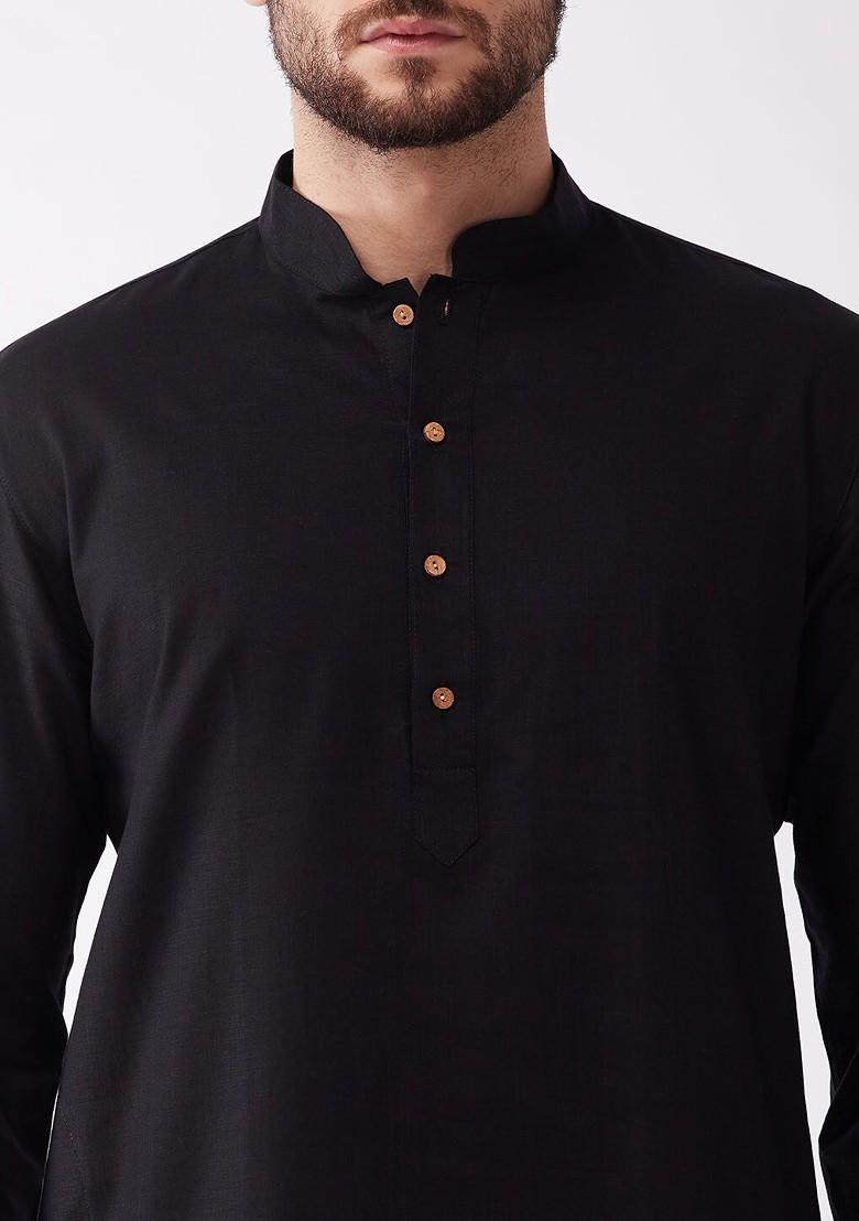 Black Solid Poly Blend Kurta Set For Men
