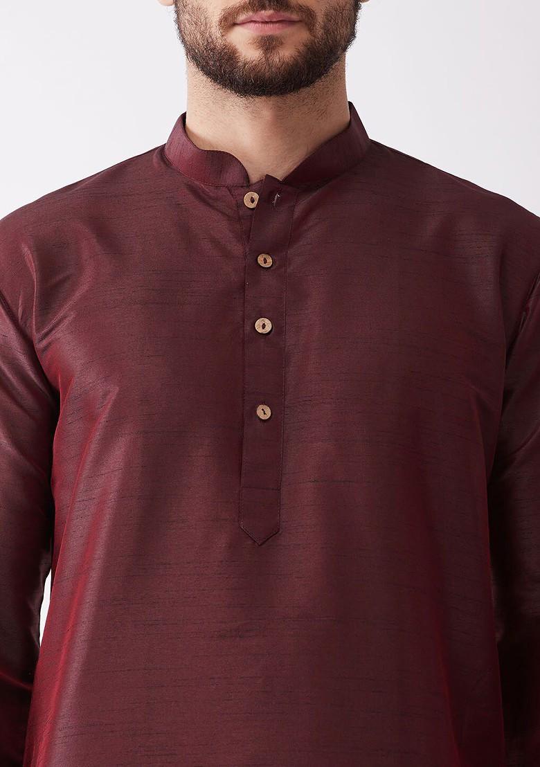 Burgundy Solid Poly Blend Kurta Set For Men