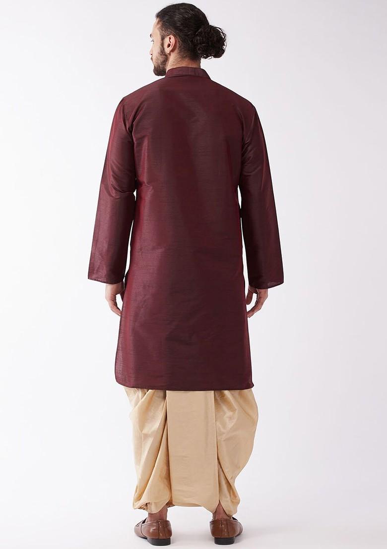 Burgundy Solid Poly Blend Kurta Set For Men