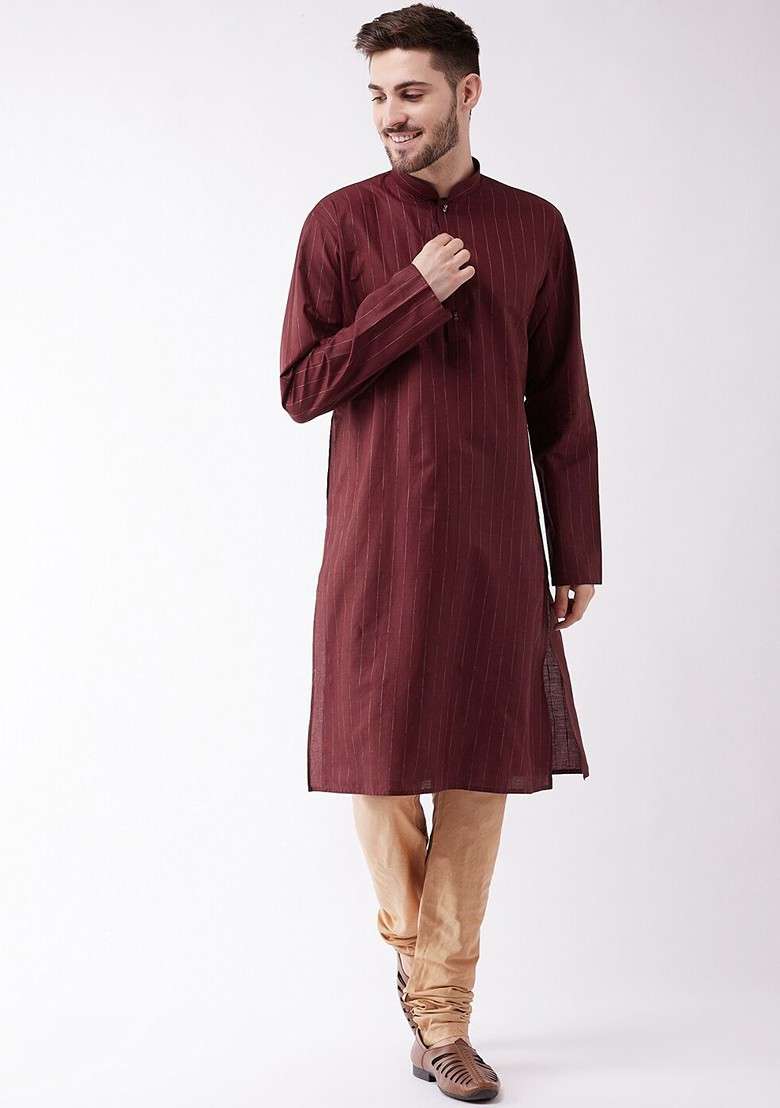 Maroon Striped Poly Blend Kurta Set For Men - Indya